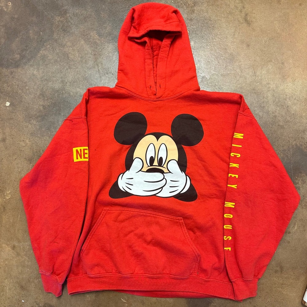 Mickey Mouse Hoodie‎ Pullover Graphic Spell Out Red Sweatshirt XL